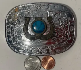 Vintage Metal Belt Buckle, Horseshoes, Blue Turquoise Stone, Rodeo, Cowboy, Nice Western Design, 3 3/4" x 2 3/4", Heavy Duty, Quality