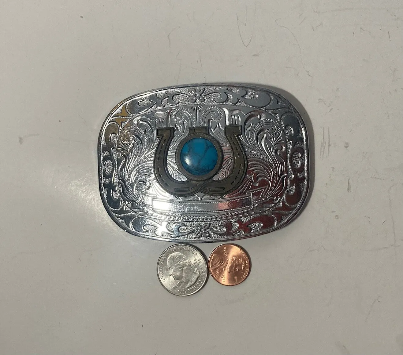 Vintage Metal Belt Buckle, Horseshoes, Blue Turquoise Stone, Rodeo, Cowboy, Nice Western Design, 3 3/4" x 2 3/4", Heavy Duty, Quality