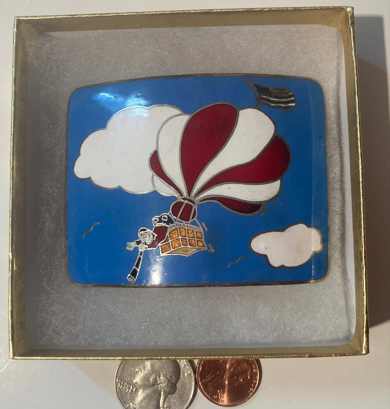 Vintage Metal Belt Buckle, Hot Air Balloon, Man Hanging Over the Side, American Flag, Enamel, Nice Western Style Design, 3" x 2 1/4", Heavy