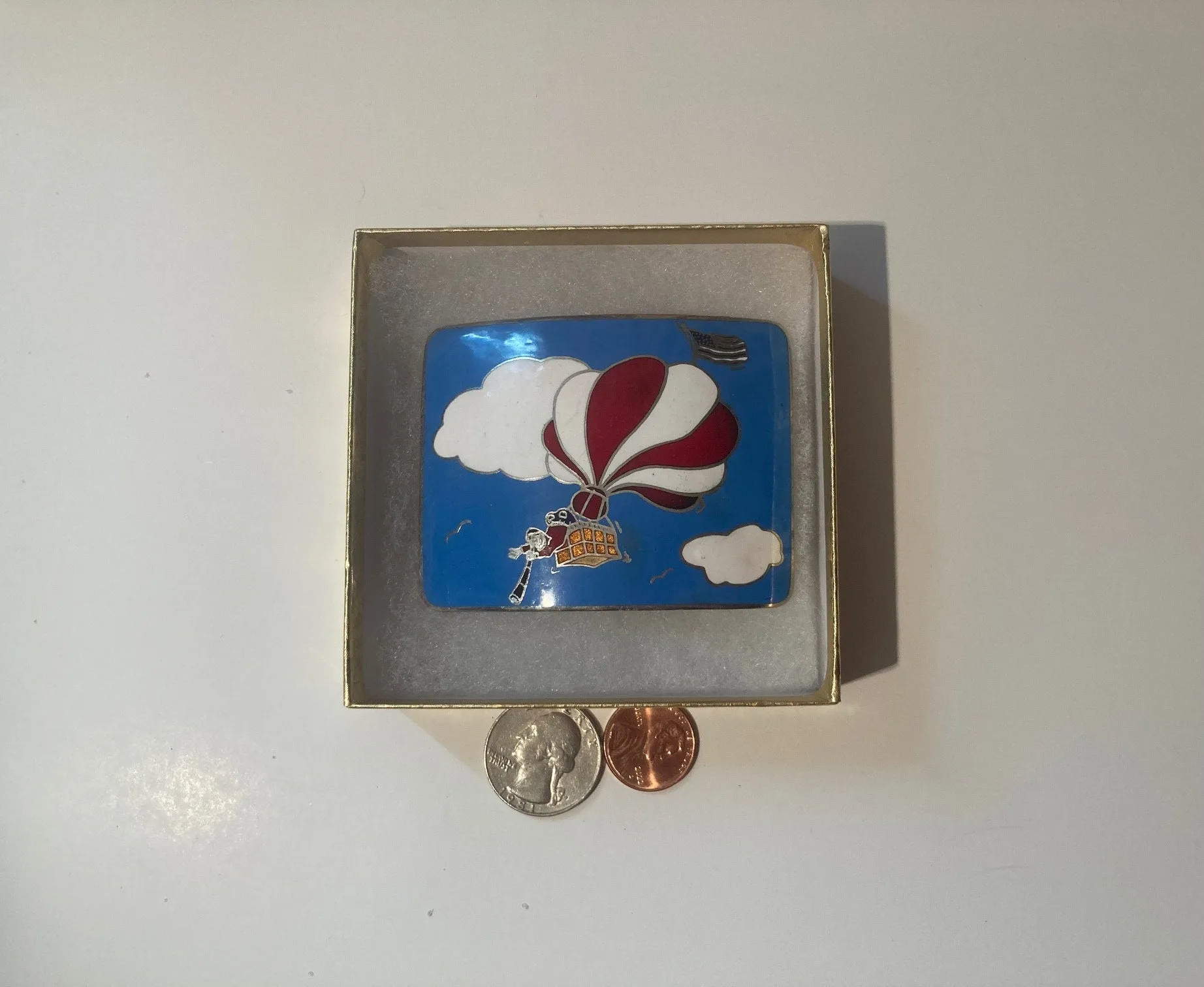 Vintage Metal Belt Buckle, Hot Air Balloon, Man Hanging Over the Side, American Flag, Enamel, Nice Western Style Design, 3" x 2 1/4", Heavy