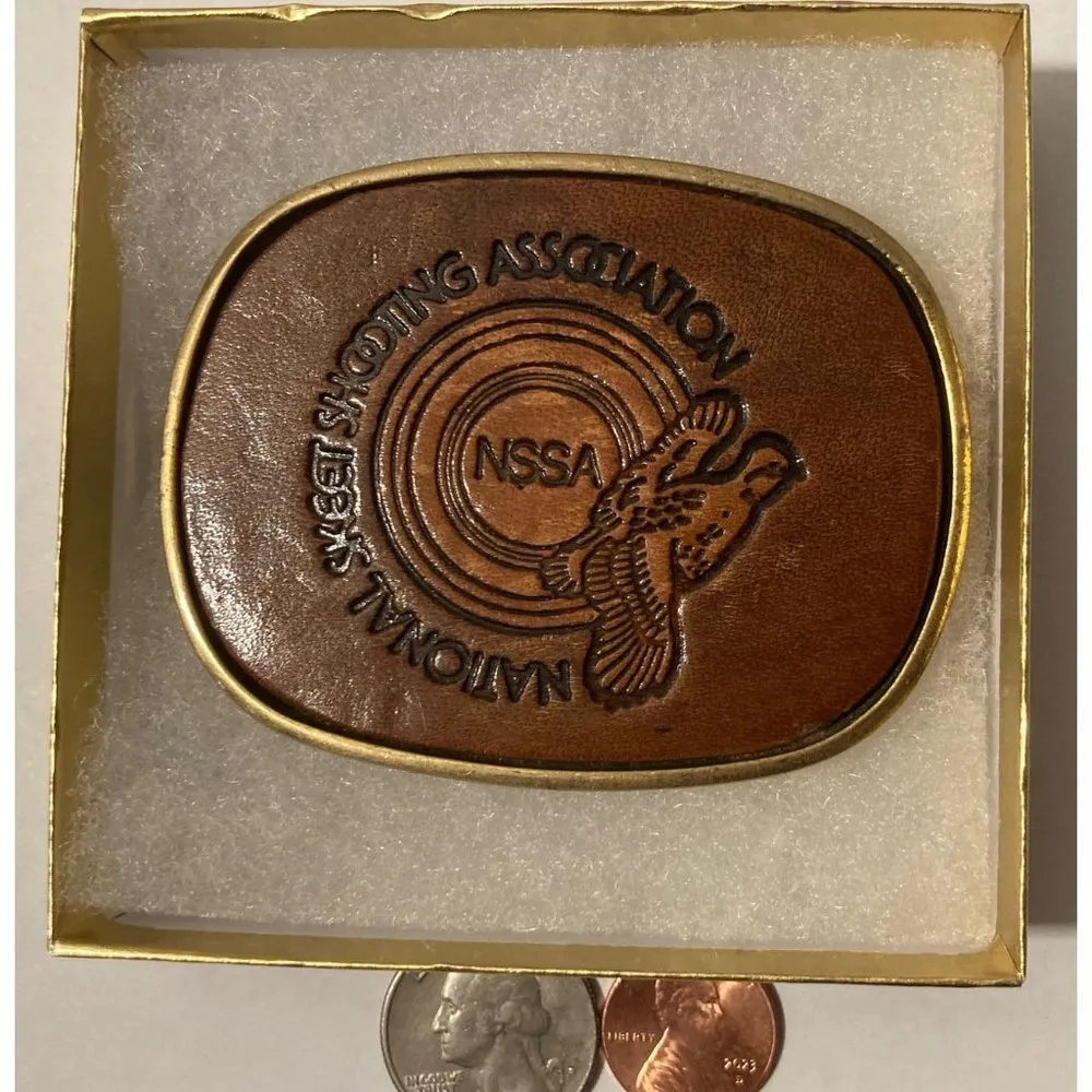 Vintage Metal Belt Buckle, Leather and Brass, National Skeet Shooting Associati