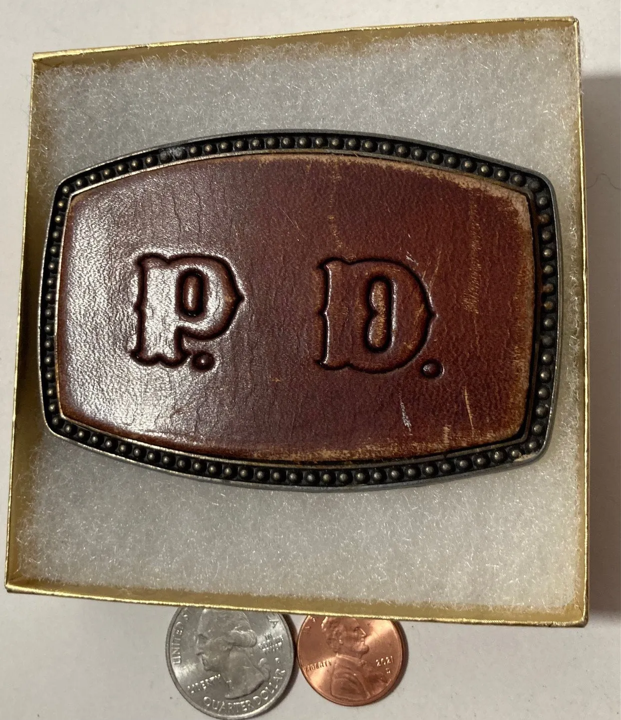 Vintage Metal Belt Buckle, Leather, P.D., Nice Design, 3 1/2" x 2 1/4", Heavy Duty, Quality, Thick Metal, Made in USA, For Belts
