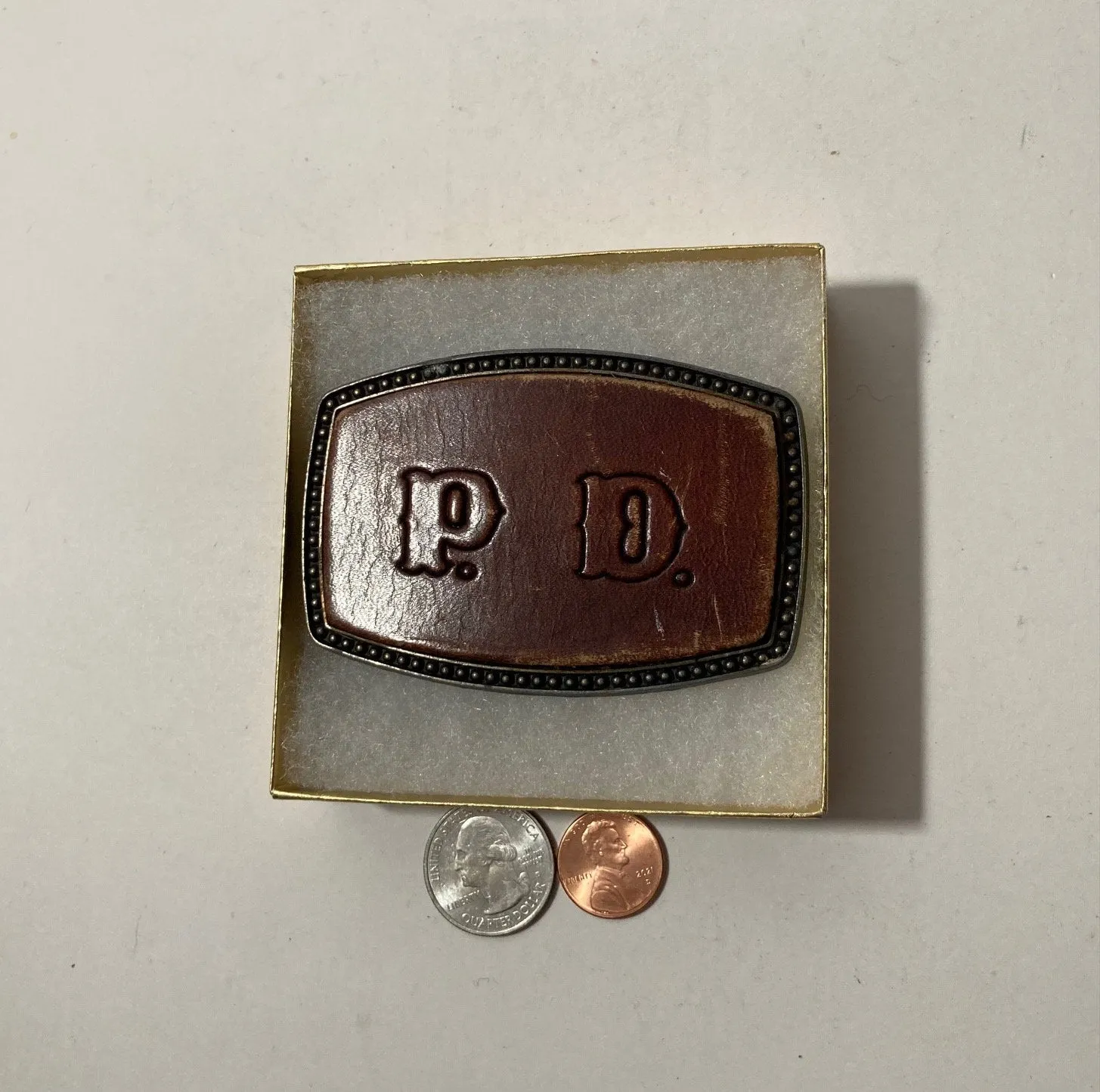 Vintage Metal Belt Buckle, Leather, P.D., Nice Design, 3 1/2" x 2 1/4", Heavy Duty, Quality, Thick Metal, Made in USA, For Belts
