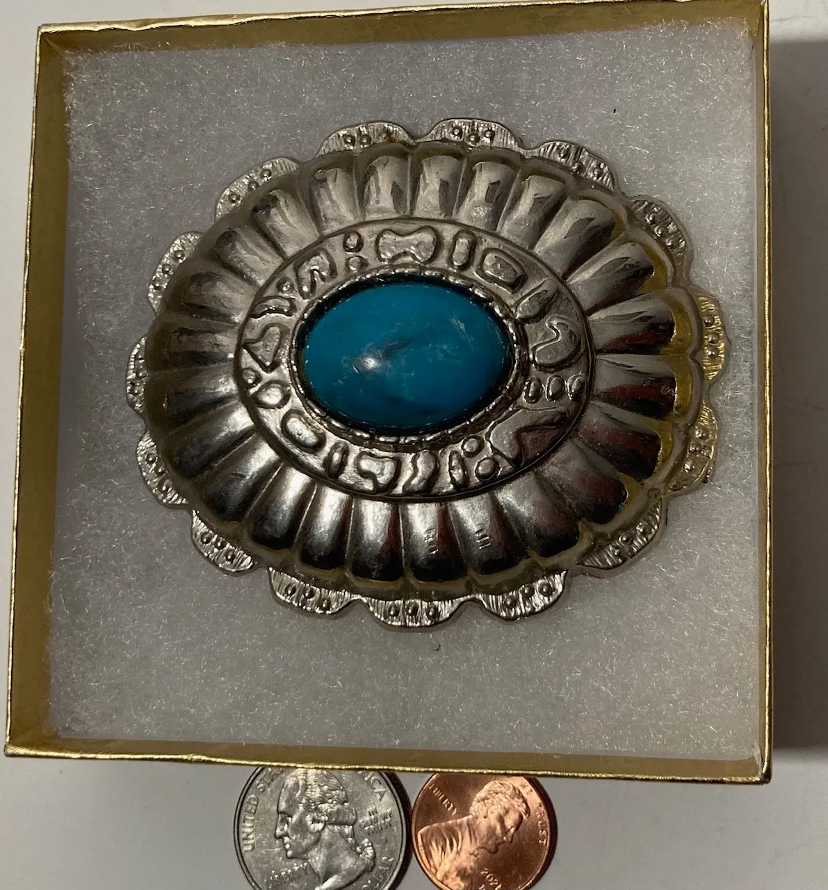 Vintage Metal Belt Buckle, Nice Blue Turquoise Stone Design, Nice Design, 3" x 3 1/2", Heavy Duty, Quality, Thick Metal, For Belts, Fashion