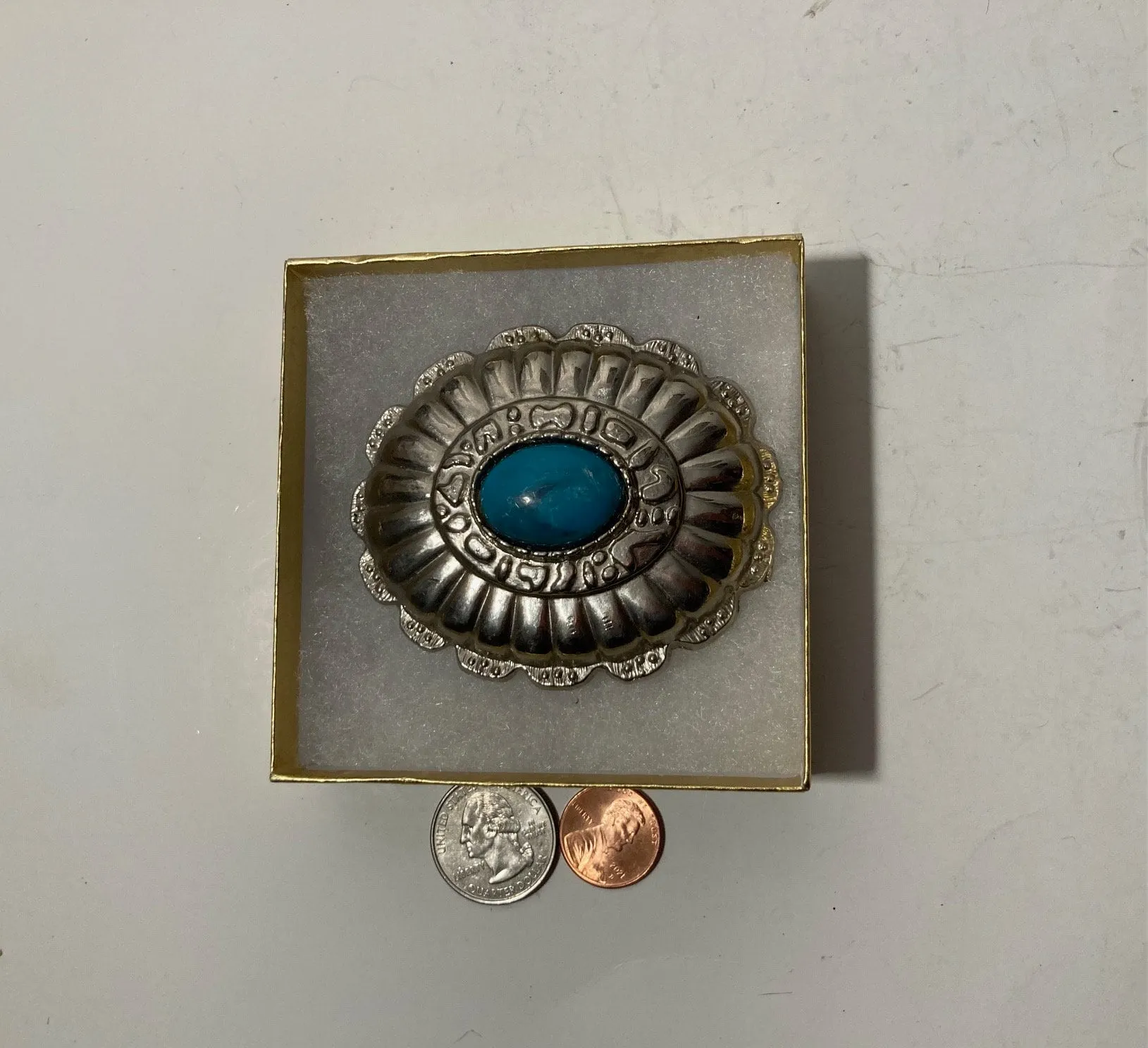 Vintage Metal Belt Buckle, Nice Blue Turquoise Stone Design, Nice Design, 3" x 3 1/2", Heavy Duty, Quality, Thick Metal, For Belts, Fashion