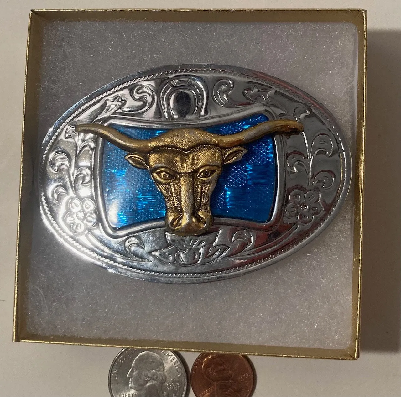 Vintage Metal Belt Buckle, Nice Longhorn Bull Design, Cow, Steer, Blue, Nice Western Design, 3 1/2" x 2 1/4", Heavy Duty, Quality