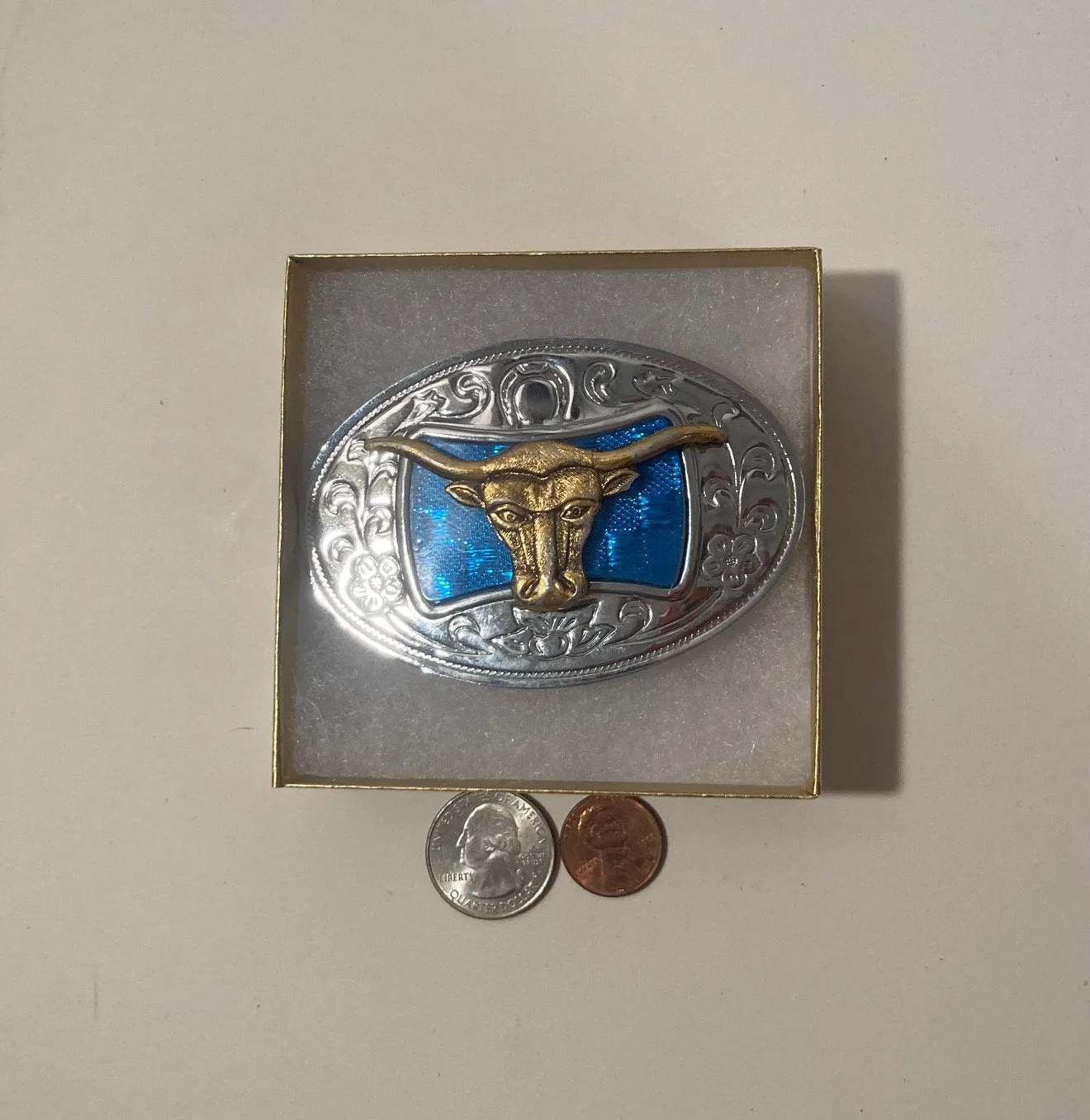 Vintage Metal Belt Buckle, Nice Longhorn Bull Design, Cow, Steer, Blue, Nice Western Design, 3 1/2" x 2 1/4", Heavy Duty, Quality