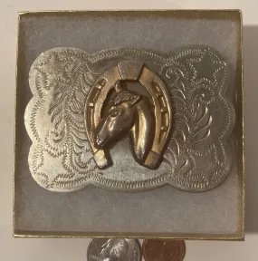 Vintage Metal Belt Buckle, Nice Nickel Silver and Brass, Horse and Horseshoe Design, Nice Western Design, 3 1/4" x 2 1/4", Heavy Duty