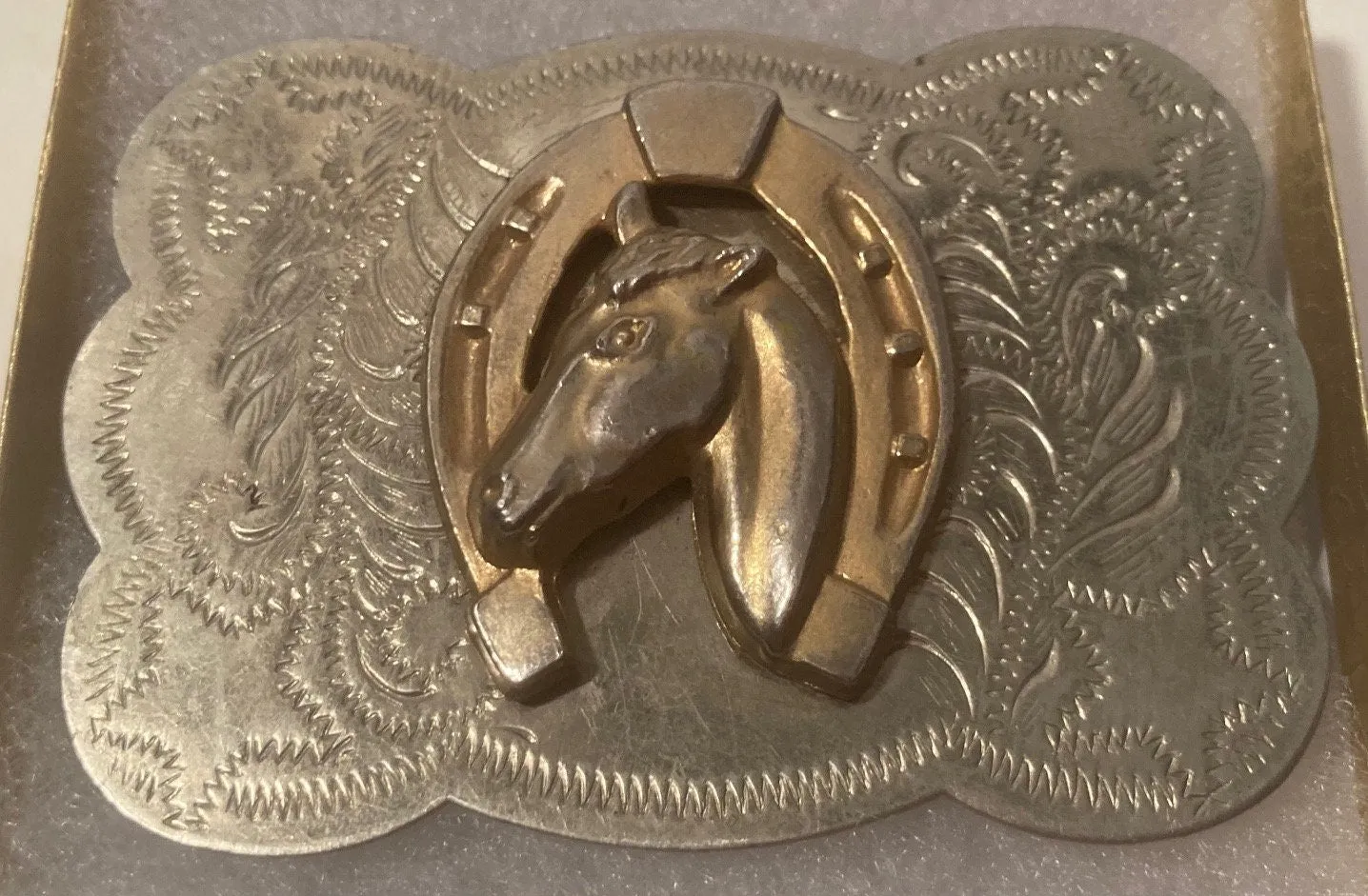 Vintage Metal Belt Buckle, Nice Nickel Silver and Brass, Horse and Horseshoe Design, Nice Western Design, 3 1/4" x 2 1/4", Heavy Duty