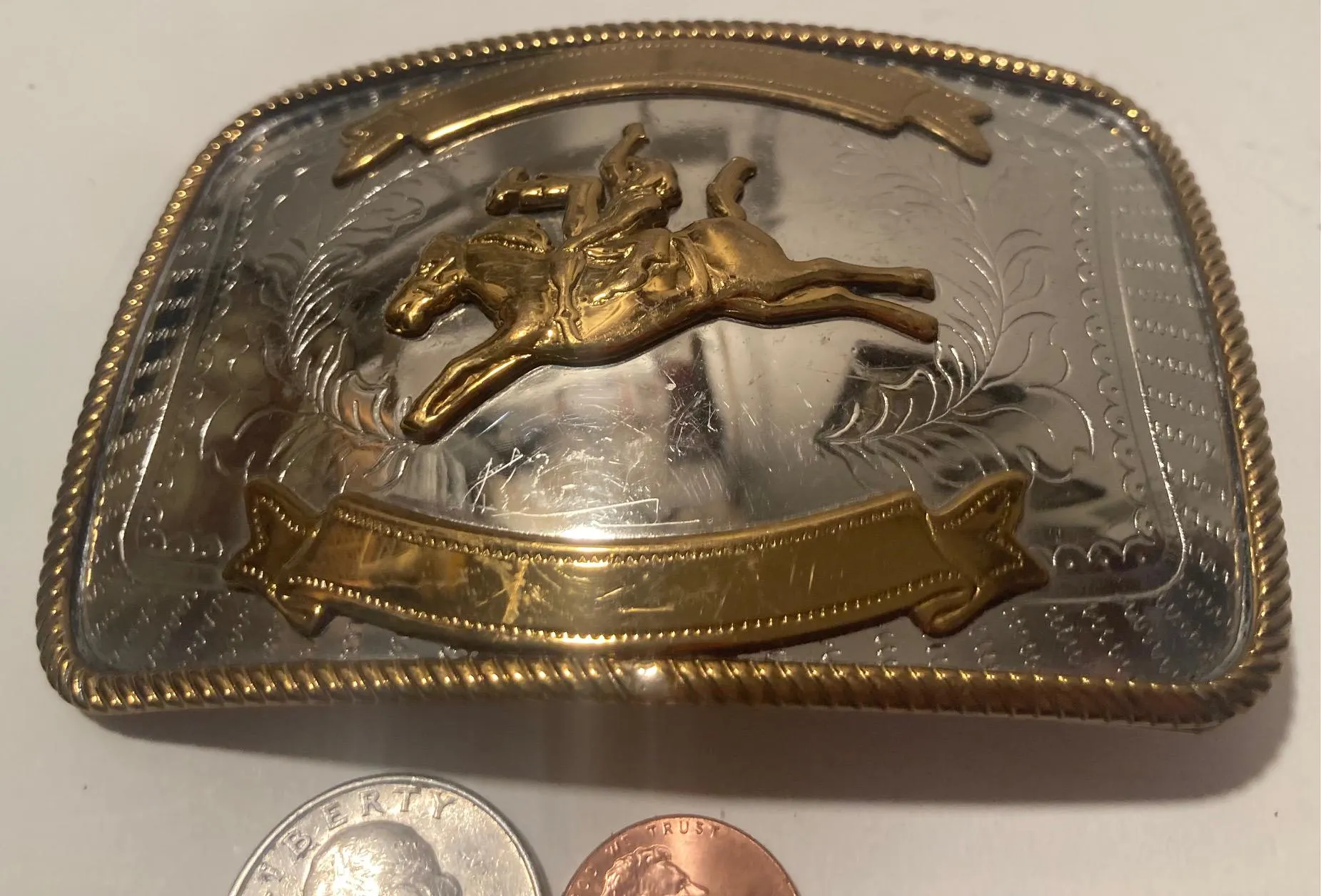 Vintage Metal Belt Buckle, Nickel Silver and Brass, Bronco Busting, 4" x 2 1/2", Cowboy Style, Heavy Duty, Quality, Thick Metal, For Belts