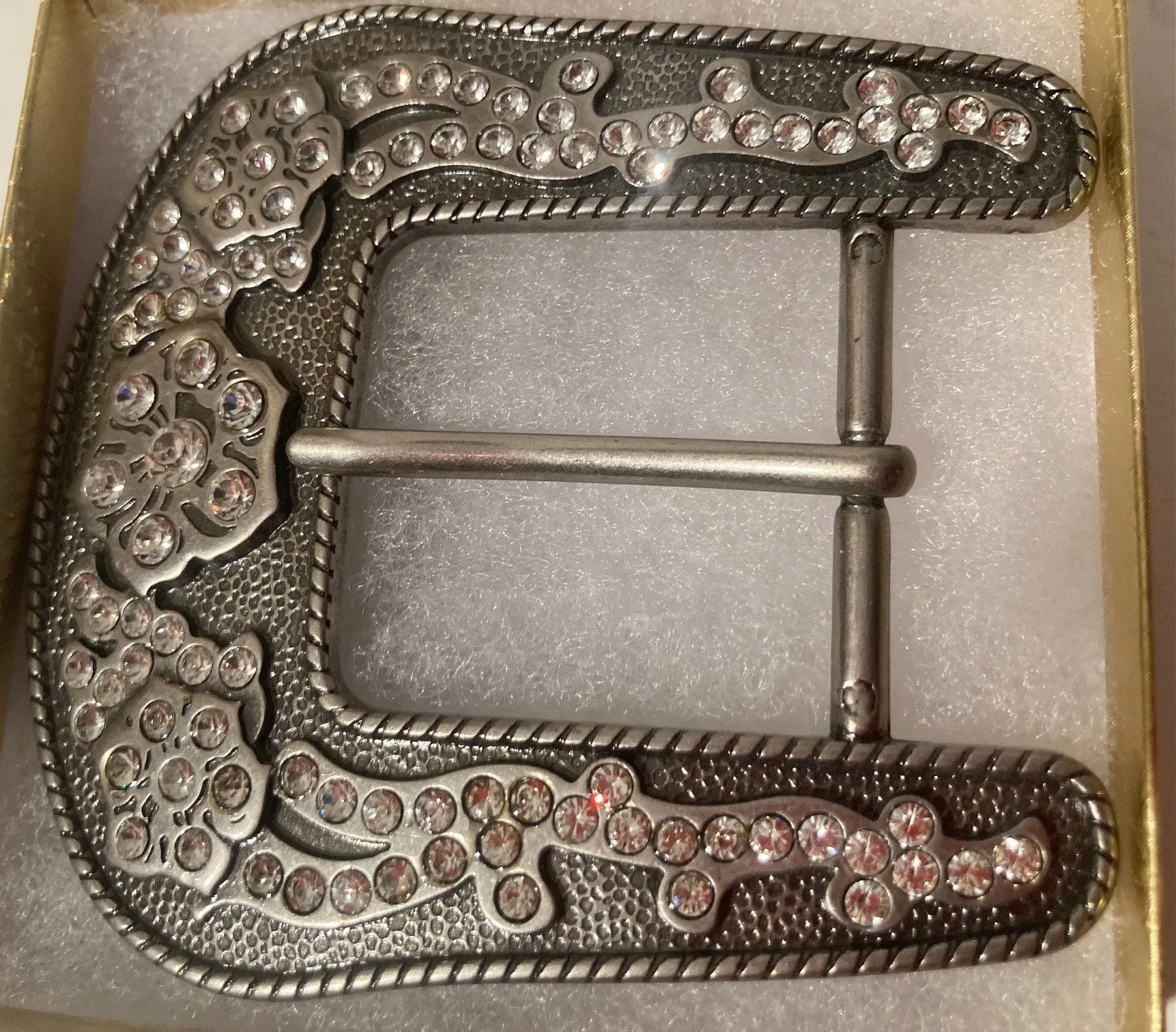 Vintage Metal Belt Buckle, Rhinestone, Crystals, Horse Style, Nice, 3 1/2" x 3", Heavy Duty, Quality, Thick Metal, Made in USA, For Belts