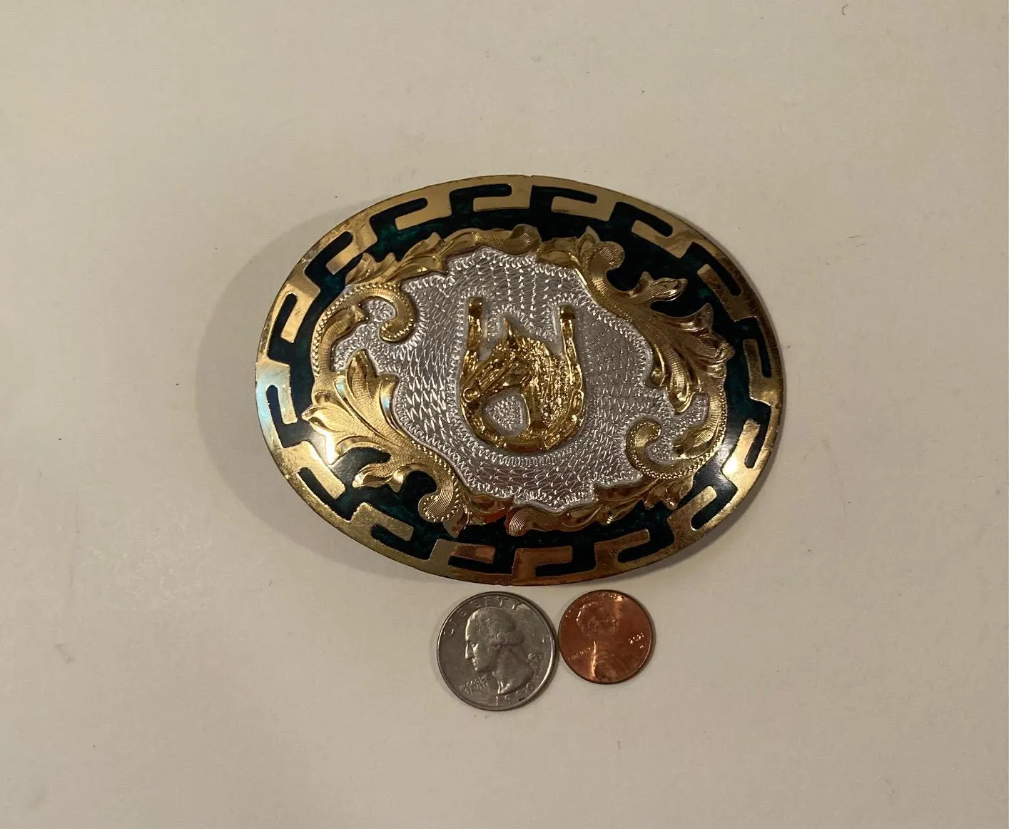 Vintage Metal Belt Buckle, Silver and Brass, Green, Horseshoe, Horse, Nice Design, 4" x 3", Heavy Duty, Quality, Thick Metal