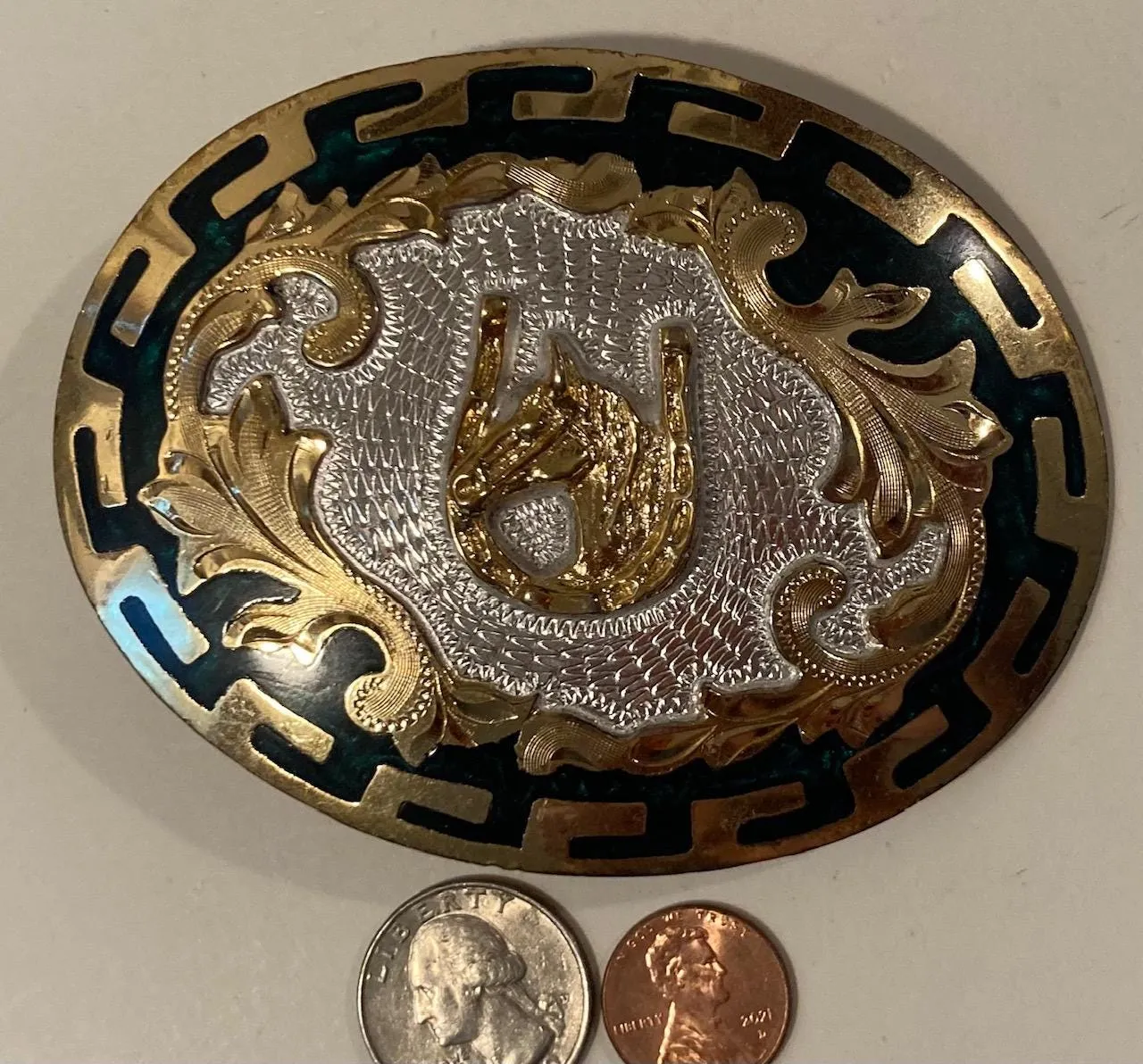 Vintage Metal Belt Buckle, Silver and Brass, Green, Horseshoe, Horse, Nice Design, 4" x 3", Heavy Duty, Quality, Thick Metal