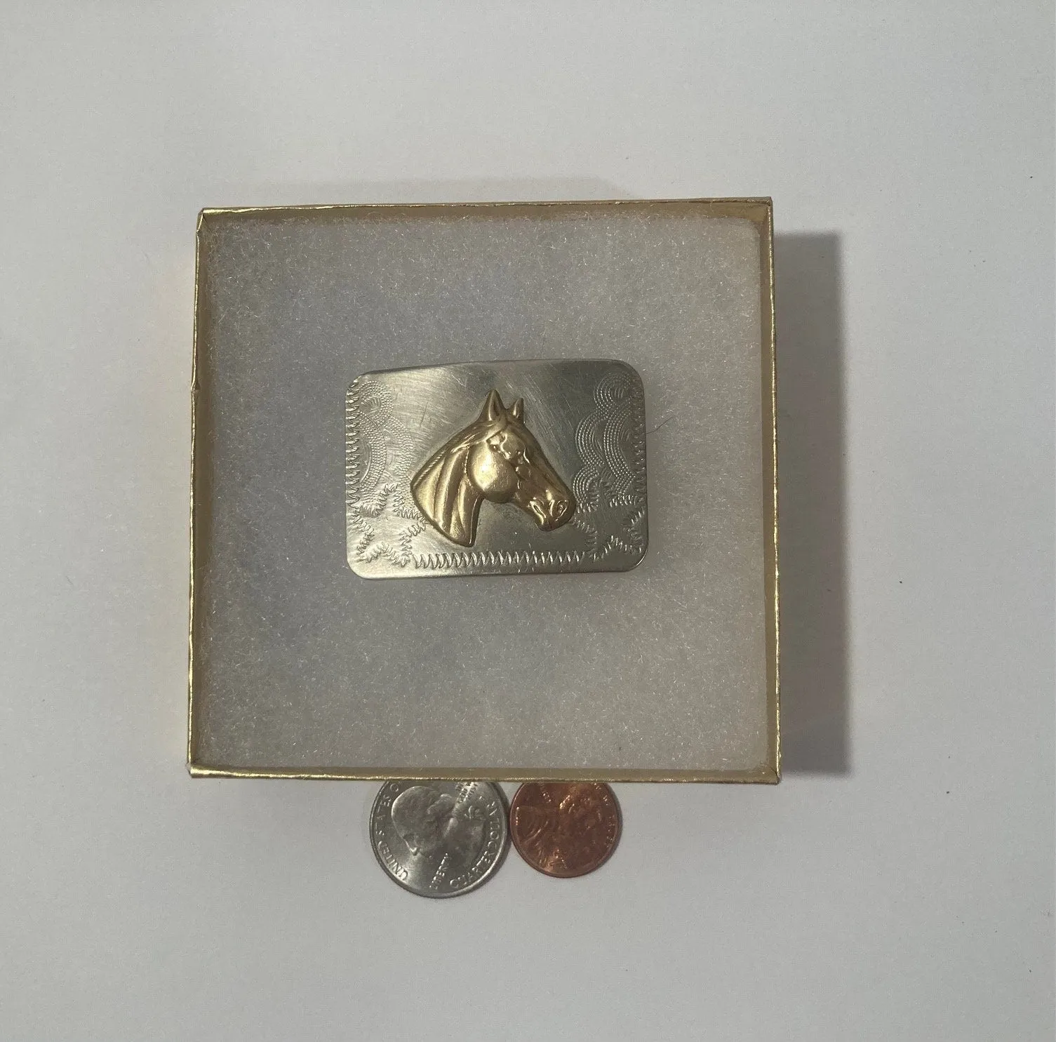 Vintage Metal Belt Buckle, Silver and Brass, Horse, Small Size, Nice Western Design, 2" x 1 1/4", Heavy Duty, Quality