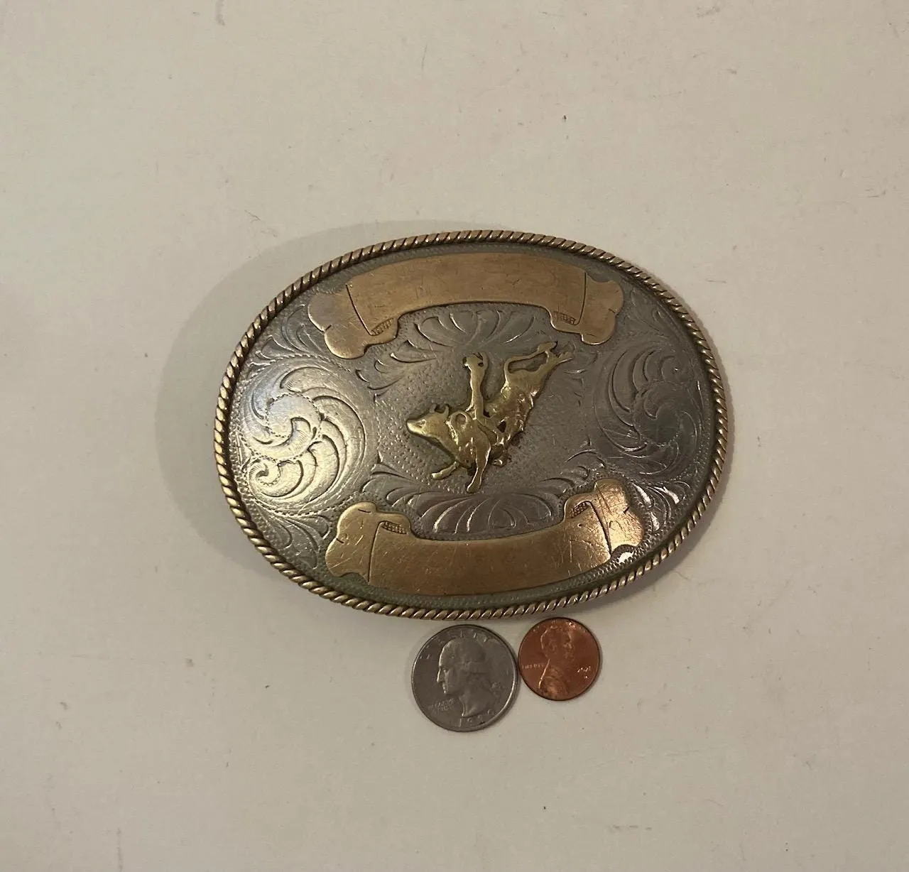 Vintage Metal Belt Buckle, Silver and Brass, Montana Silversmiths, Bull Riding, Rodeo, Big Size, Nice Western Design