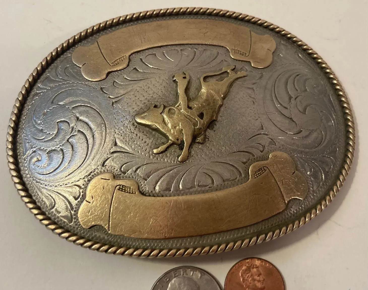Vintage Metal Belt Buckle, Silver and Brass, Montana Silversmiths, Bull Riding, Rodeo, Big Size, Nice Western Design