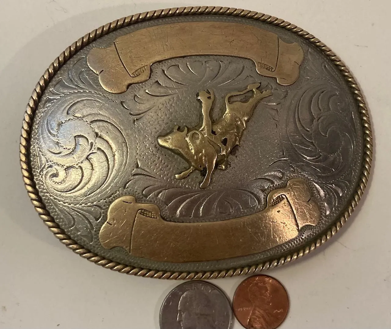 Vintage Metal Belt Buckle, Silver and Brass, Montana Silversmiths, Bull Riding, Rodeo, Big Size, Nice Western Design