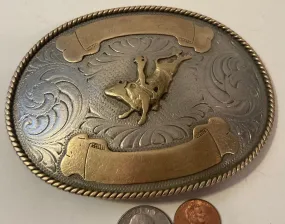 Vintage Metal Belt Buckle, Silver and Brass, Montana Silversmiths, Bull Riding, Rodeo, Big Size, Nice Western Design