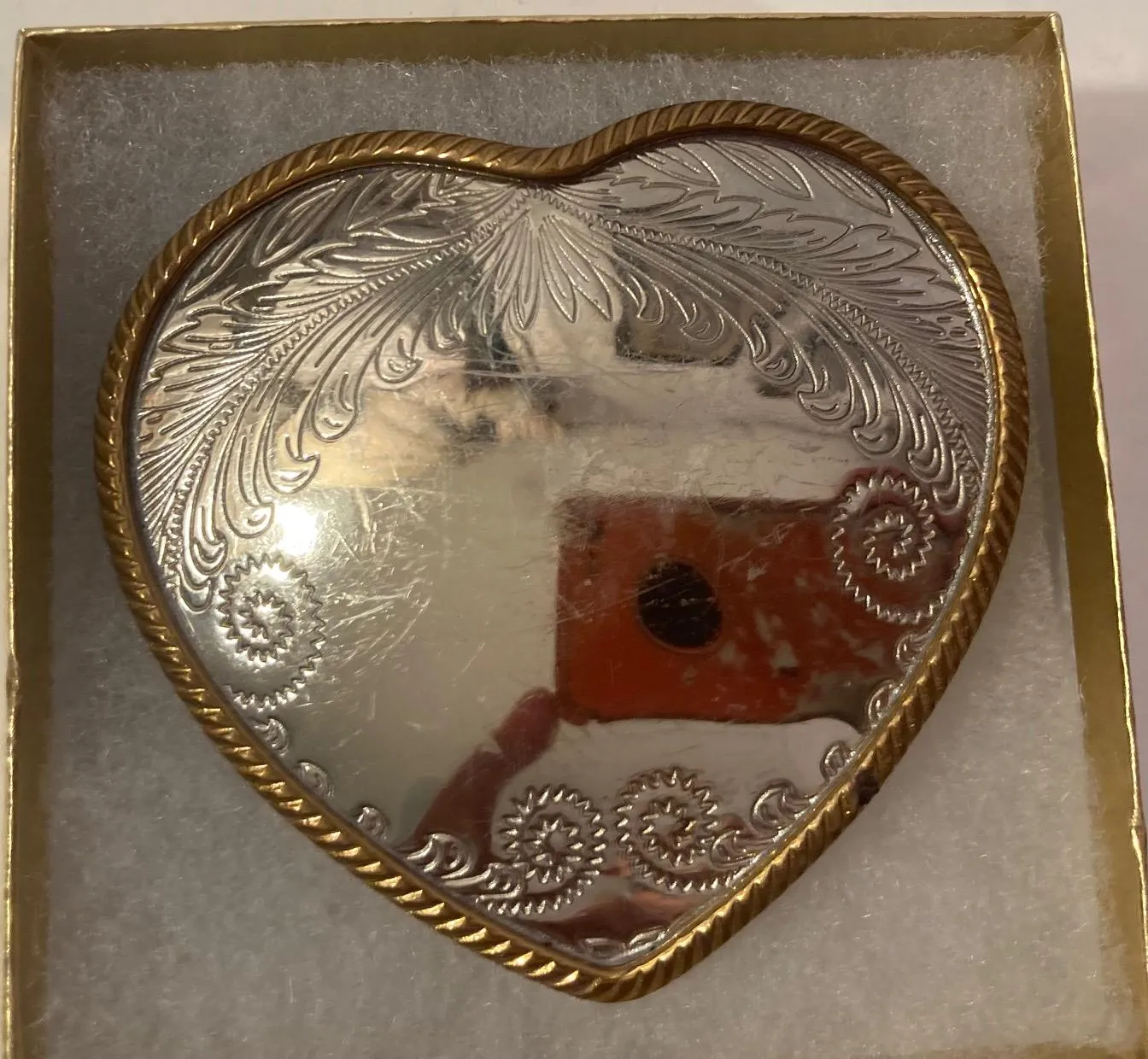 Vintage Metal Belt Buckle, Silver and Brass, Nice Shiny Heart Shape, Nice Western Design, 3" x 3", Heavy Duty, Quality, Thick Metal