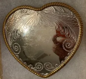 Vintage Metal Belt Buckle, Silver and Brass, Nice Shiny Heart Shape, Nice Western Design, 3" x 3", Heavy Duty, Quality, Thick Metal