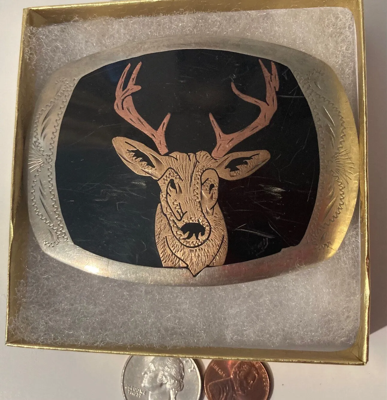 Vintage Metal Belt Buckle, Silver, Buck, Deer, Nature, Wildlife, Original Handmade, 3 1/2" x 2 1/2", Heavy Duty, Quality, Thick Metal