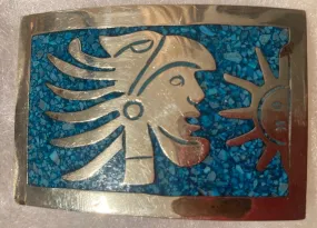 Vintage Metal Belt Buckle, Silver, Crushed Turquoise Malachite, Warrior, Armour, Nice Western Style Design, 2 1/2" x 1 3/4", Heavy Duty