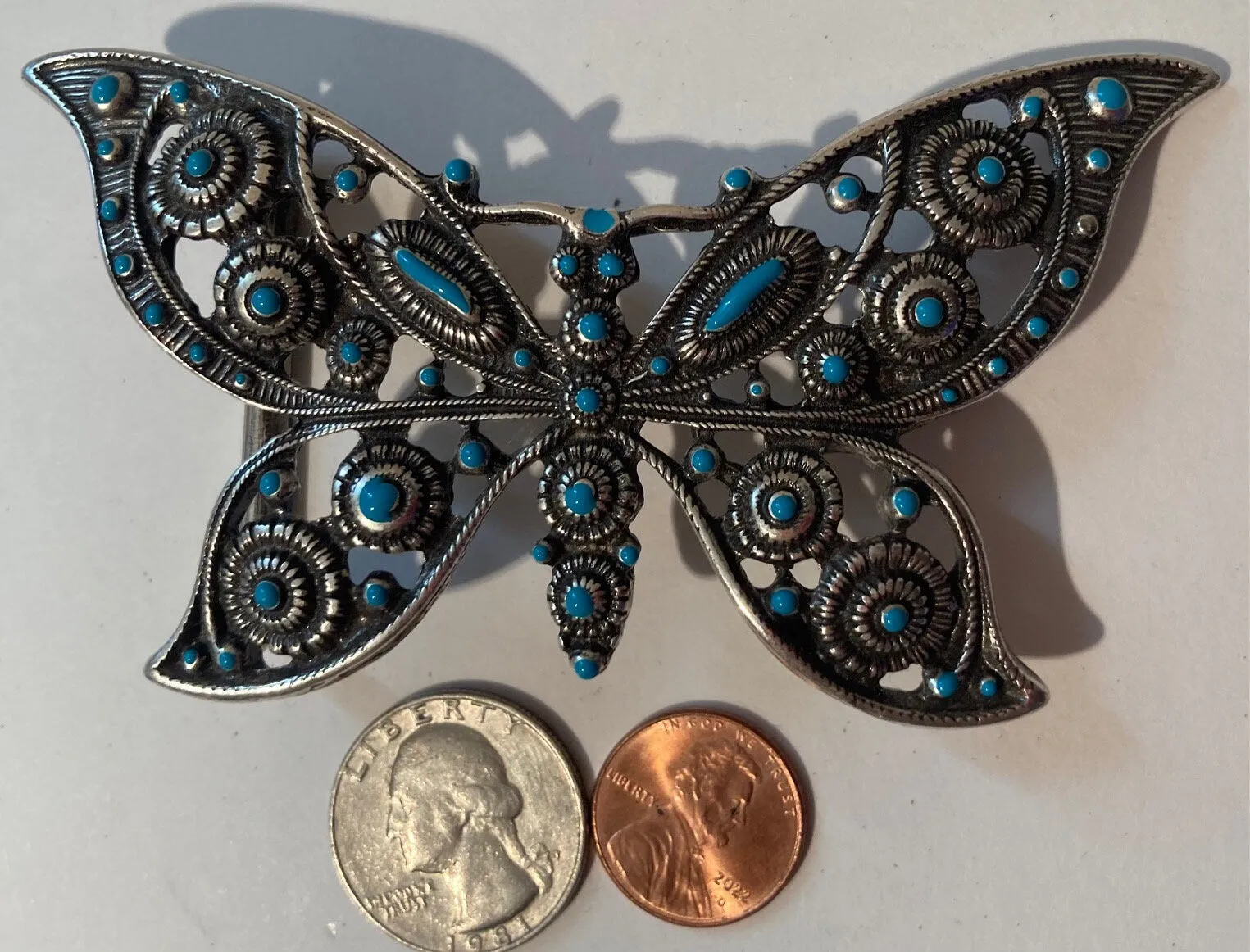 Vintage Metal Belt Buckle, Silver, Nice Butterfly Design, Nice Art Design, Nice Western Design, 4 1/4" x 2 1/4", Heavy Duty, Quality