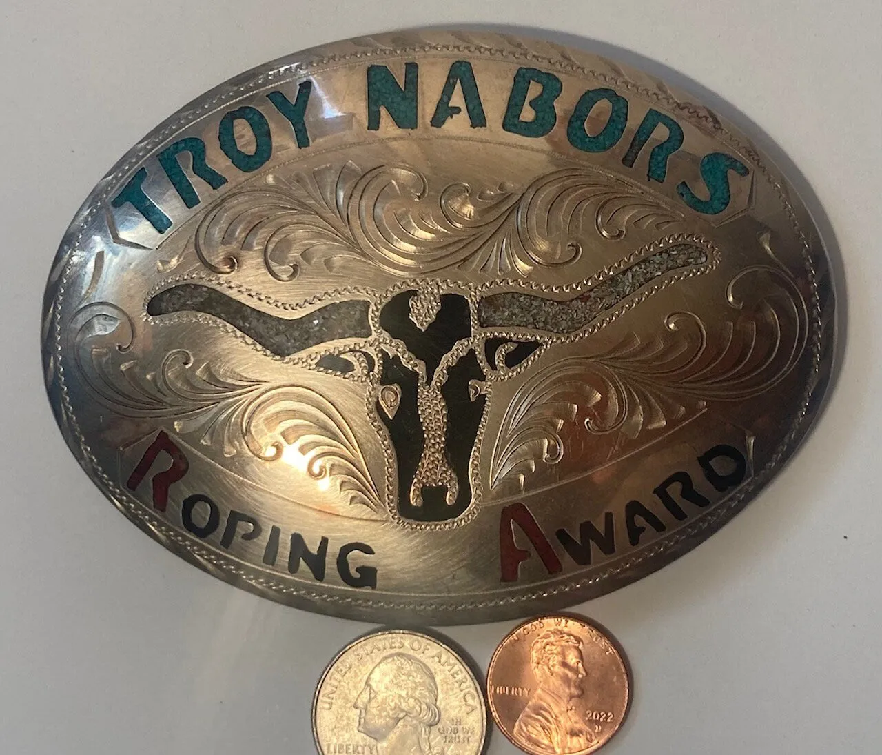Vintage Metal Belt Buckle, Silver with Nice Blue and Red Crushed Turquoise Stones Design, Troy Nabors Roping Award, Nice Western Design