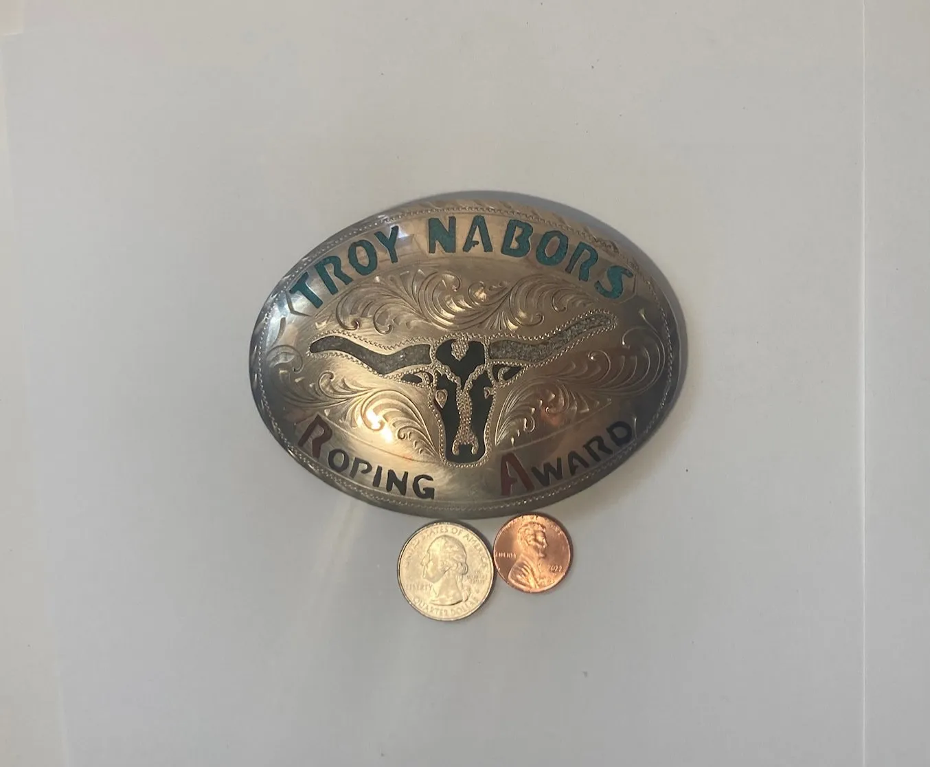 Vintage Metal Belt Buckle, Silver with Nice Blue and Red Crushed Turquoise Stones Design, Troy Nabors Roping Award, Nice Western Design