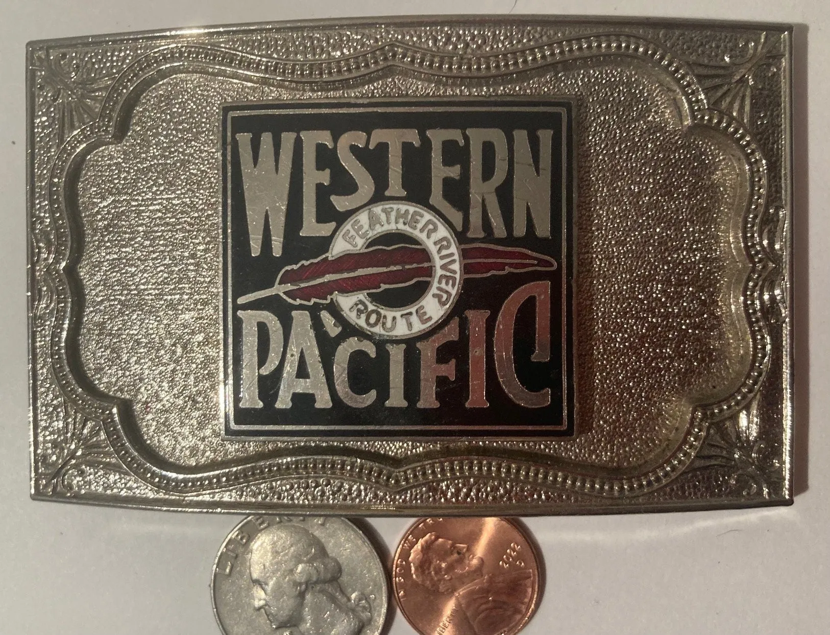 Vintage Metal Belt Buckle, Western Pacific, Feather River Route, Railroad, Railway, Train, Locomotive, Nice Western Style Design