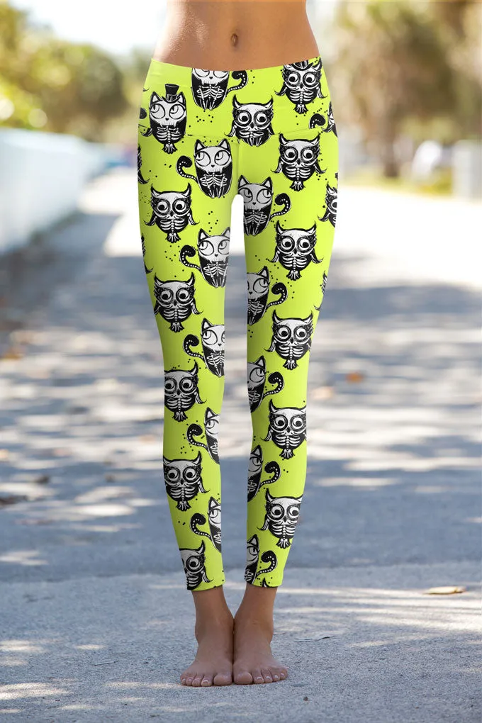 Voodoo Lucy Yellow Goth Skeleton Print Gym Leggings Yoga Pants - Women