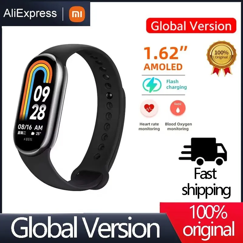 Xiaomi Mi Band 8 Global Version Smart Bracelet Blood Oxygen Heart Rate Monitor 1.62 AMOLED Screen Fitness Traker Smart Miband8