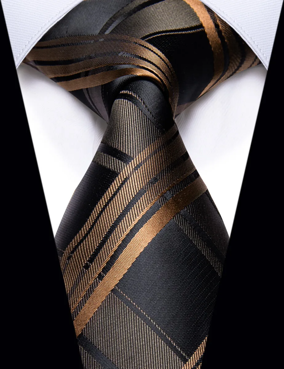 YourTies Brown Checkered Men's Black Brown Plaid Silk Necktie